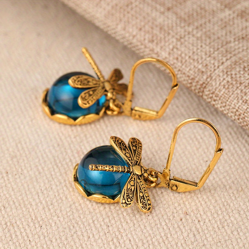 Golden Dragonfly Pendant Earrings with Moonstone Accents